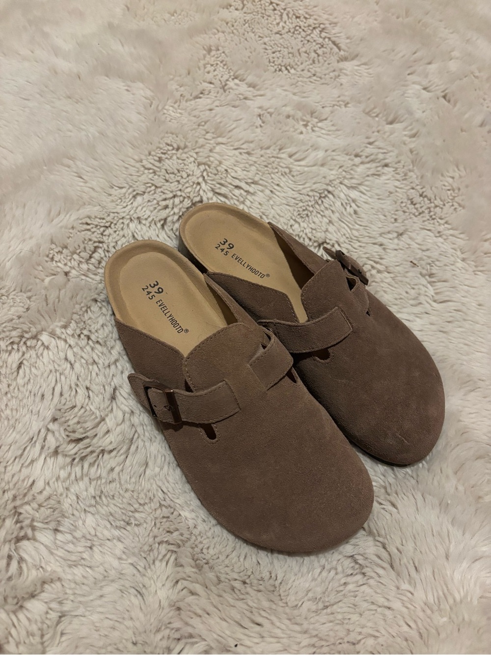 Suede Slip-On Buckle Mules in Taupe